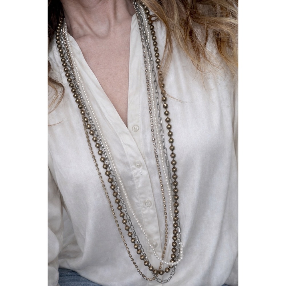 Chico's Multi Strand Necklace Women OS Bronze Faux Pearl Rhinestone Layered Glam